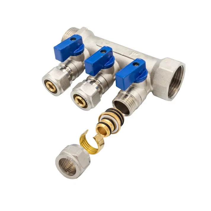 Verdeler met bolkraan mv-1" 3x16 blauw