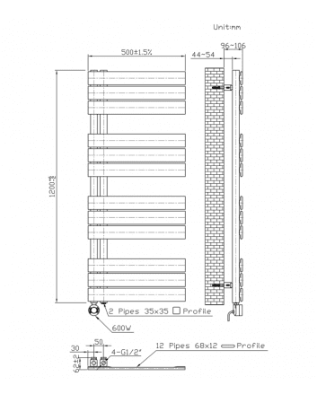 1200x500 – 593 Watt | elektrische handdoekradiator wit | links aansluiting/comb