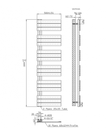 1800x500 – 890 Watt | handdoekradiator zwart | links aansluiting/comb