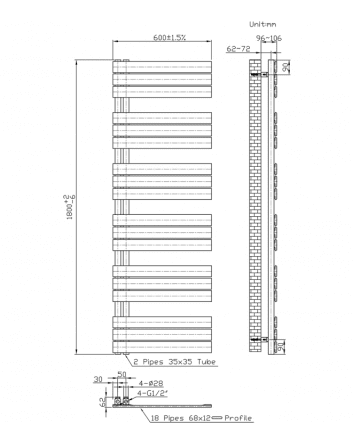 1800x600 – 1021 Watt | handdoekradiator zwart | links aansluiting/comb