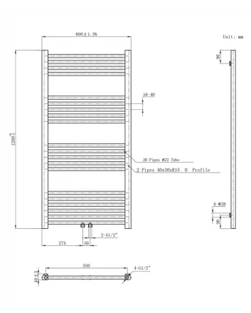 1200x600 414 watt | handdoekradiator gunmetal grijs midden aansluiting